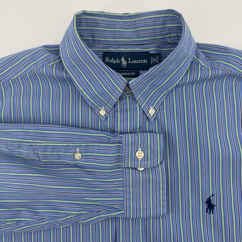 Ralph Lauren Mens 16 Classic Fit Striped Button Down Shirt Long Sleeve Blue